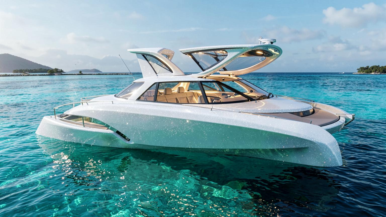 Futuristic catamaran-style Bowrider Amazing Photo by www.BOWRIDER-BOATS.com — Futuristic catamaran-style bowrider concept with pearl white hull, auto-retracting glass roof and twin sponsons on turquoise lagoon water. Images Created by www.Bowrider-Boats.com