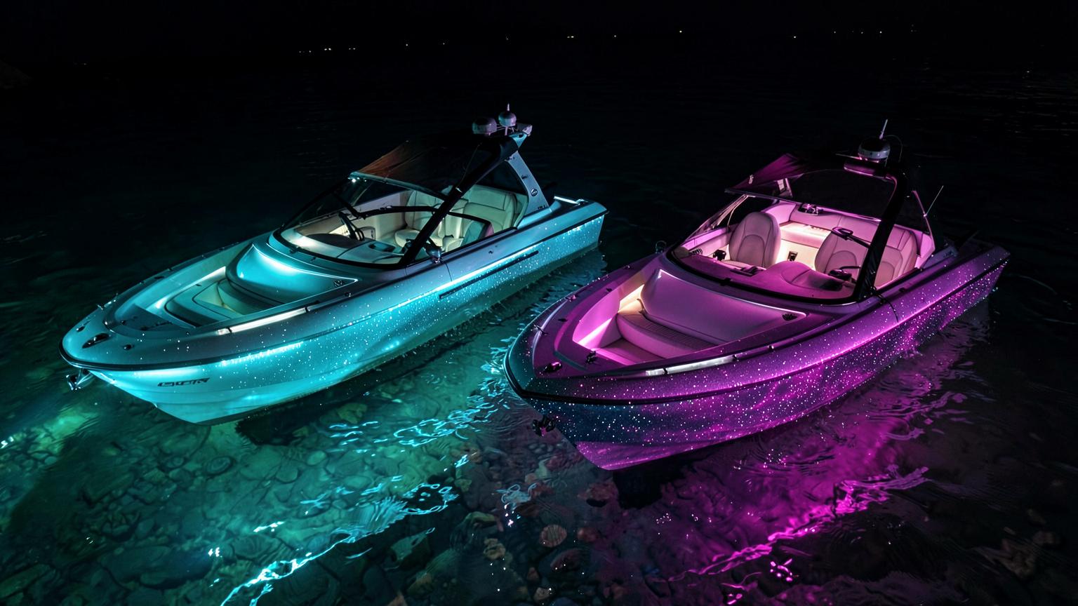 Two futuristic Bowrider Amazing Photo by www.BOWRIDER-BOATS.com — Two futuristic bowrider concepts at night glowing cyan and magenta with radiant perimeter lighting reflecting across clear reef water. Images Created by www.Bowrider-Boats.com