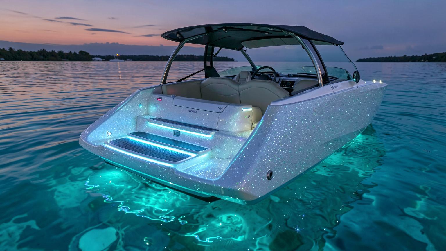 Rear view of a futuristic Bowrider Amazing Photo by www.BOWRIDER-BOATS.com — Rear view of a futuristic bowrider concept at sunset showing neon-lit swim platform steps and pearl metallic hull glowing over clear water. Images Created by www.Bowrider-Boats.com