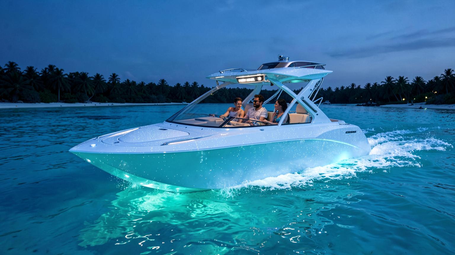 Futuristic Bowrider Amazing Photo by www.BOWRIDER-BOATS.com — Futuristic bowrider concept running at dusk with family aboard, radiant turquoise underwater lighting glowing beneath the hull. Images Created by www.Bowrider-Boats.com