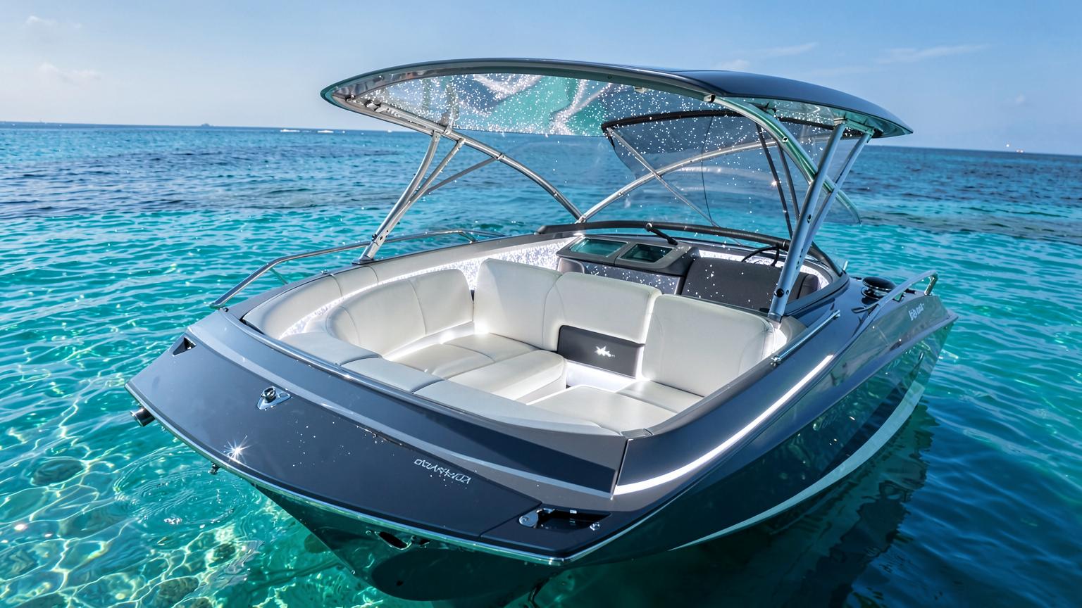 Futuristic midnight blue Bowrider Amazing Photo by www.BOWRIDER-BOATS.com — Futuristic midnight blue bowrider concept with wraparound glass canopy, white bow lounge seating and chrome frames on sparkling turquoise water. Images Created by www.Bowrider-Boats.com