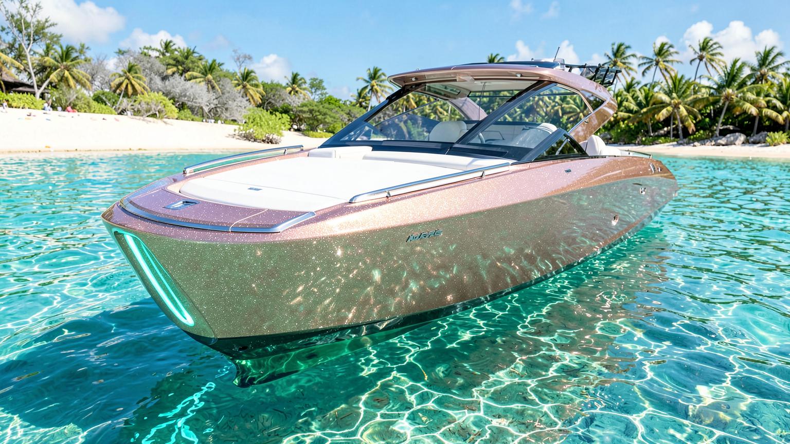 Futuristic Bowrider Amazing Photo by www.BOWRIDER-BOATS.com — Futuristic bowrider boat concept with champagne gold metallic hull and open bow lounge floating over crystal clear turquoise shallows beside a palm beach. Images Created by www.Bowrider-Boats.com