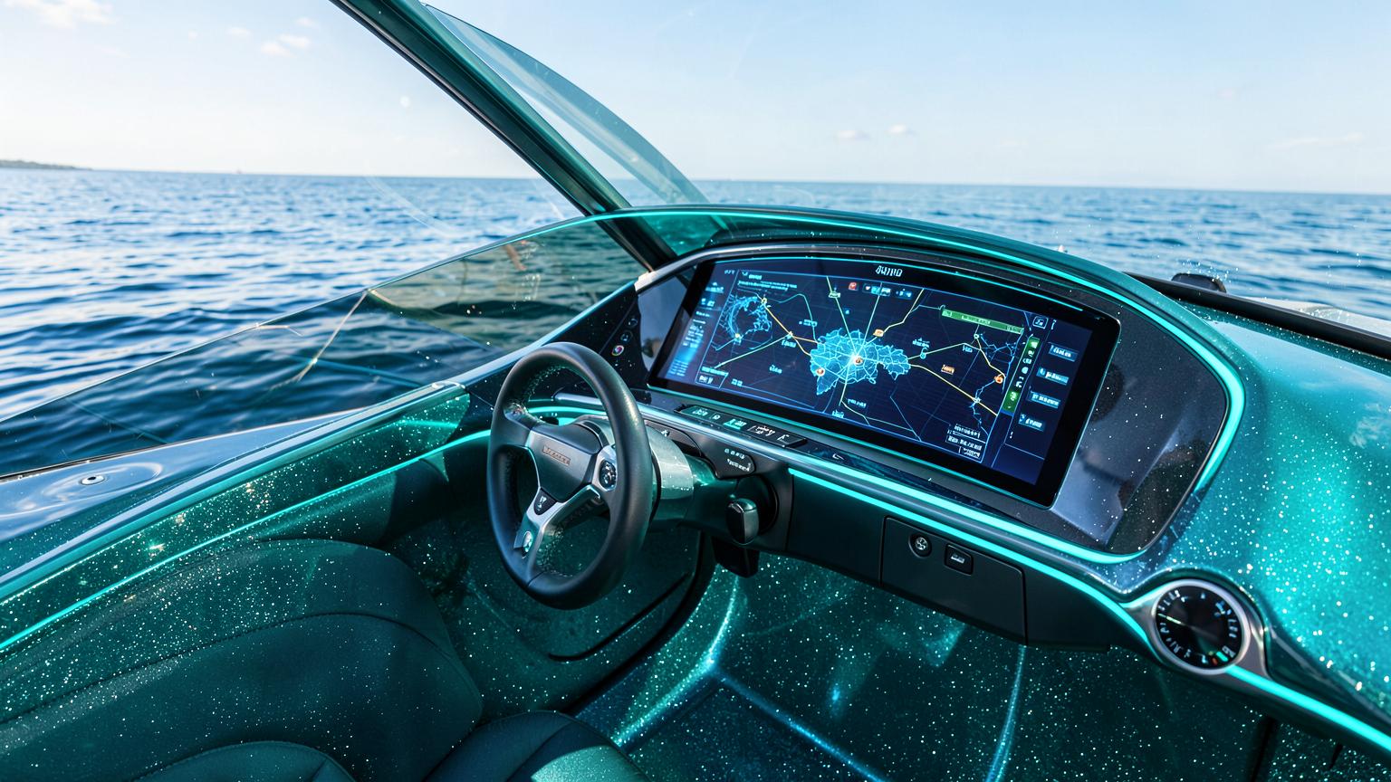 Futuristic Bowrider Amazing Photo by www.BOWRIDER-BOATS.com — Futuristic bowrider cockpit interior seating with panoramic digital dash display, map navigation screen, sports steering wheel and glitter-finish console over open water. Images Created by www.Bowrider-Boats.com