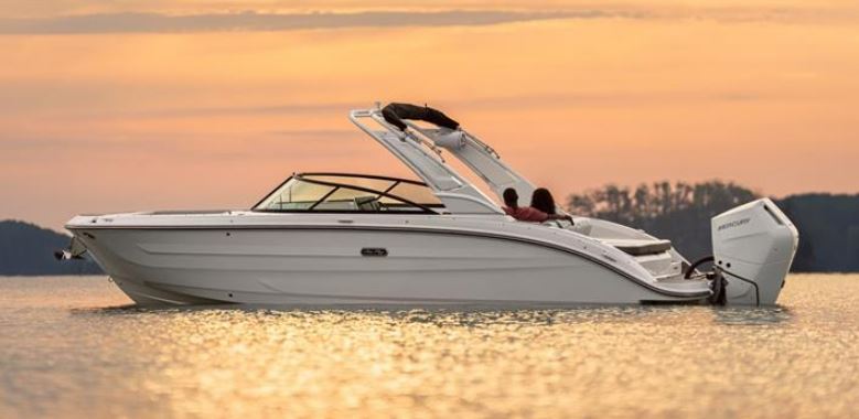 Sea Ray SDX 250 style white outboard Bowrider Amazing Photo by www.BOWRIDER-BOATS.com — Sea Ray SDX 250 style white outboard bowrider shown in side profile resting on calm water at sunset. Images Created by www.Bowrider-Boats.com