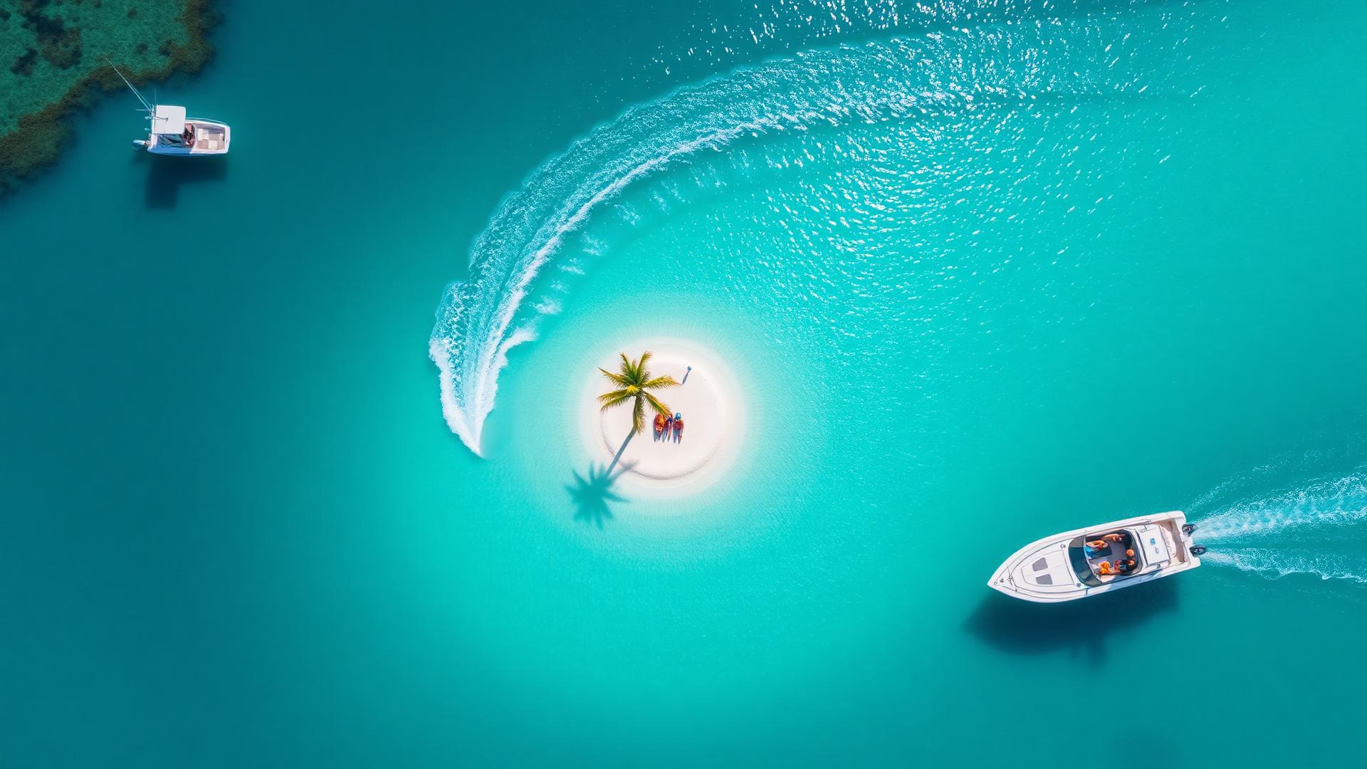 Spiral Wake Islet — Aerial montage of bowrider boats fishing, towing a water-ski biscuit and family cruising over turquoise Bahamas water with a palm sandbar island