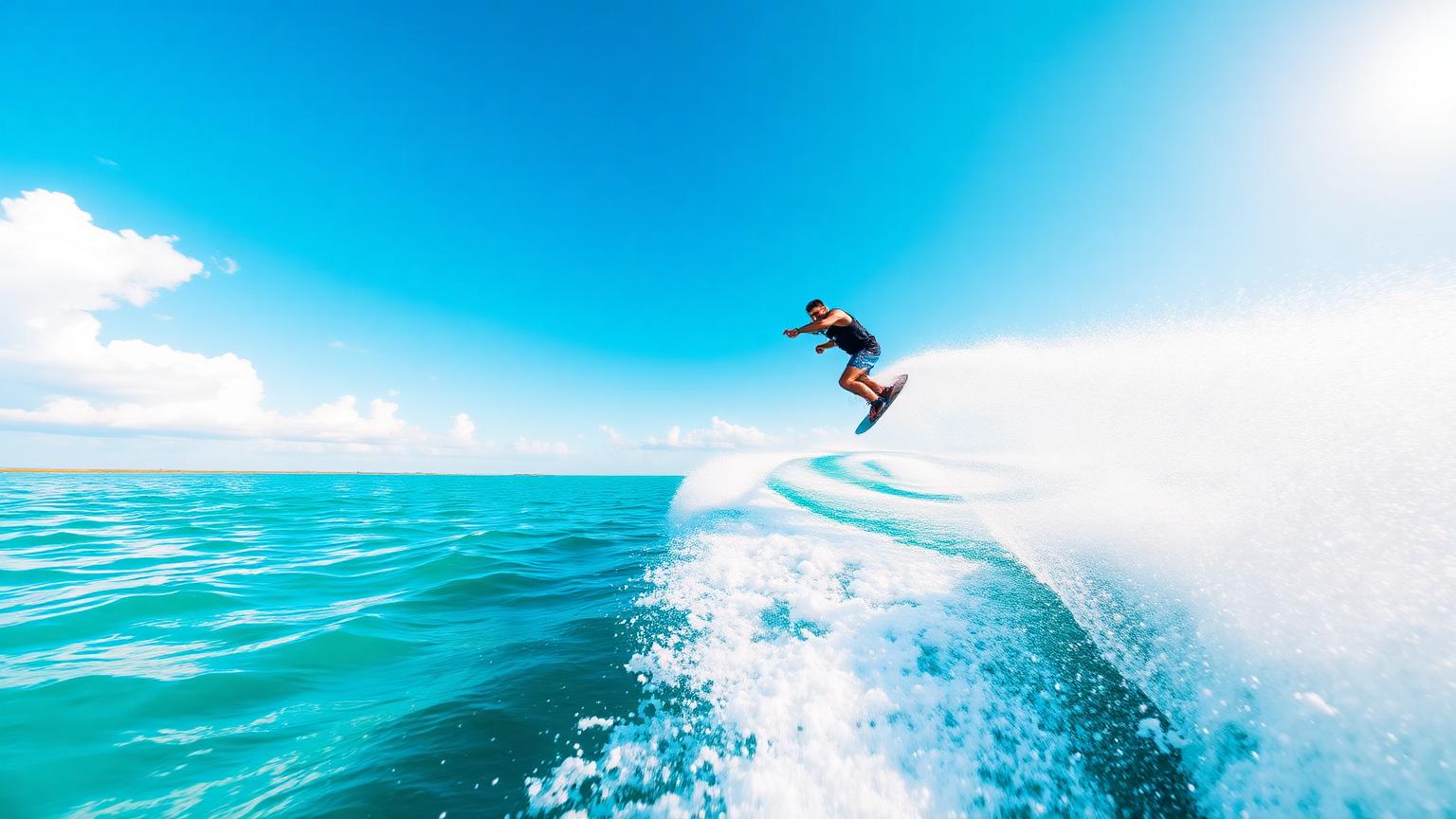 Wakeboarder mid-air off a boat wake over vivid turquoise water