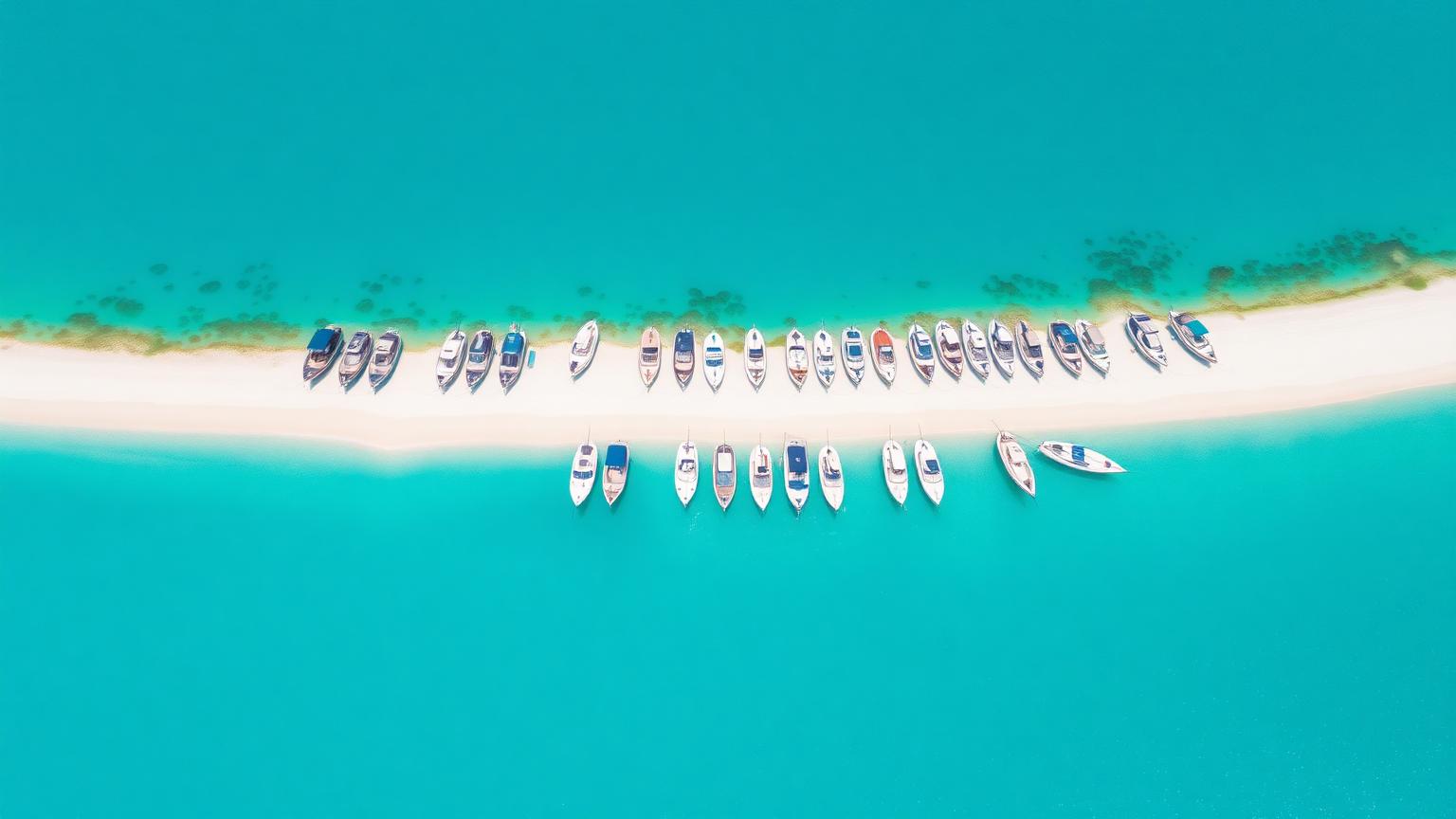 Aerial view of bowriders moored along a white sandbar