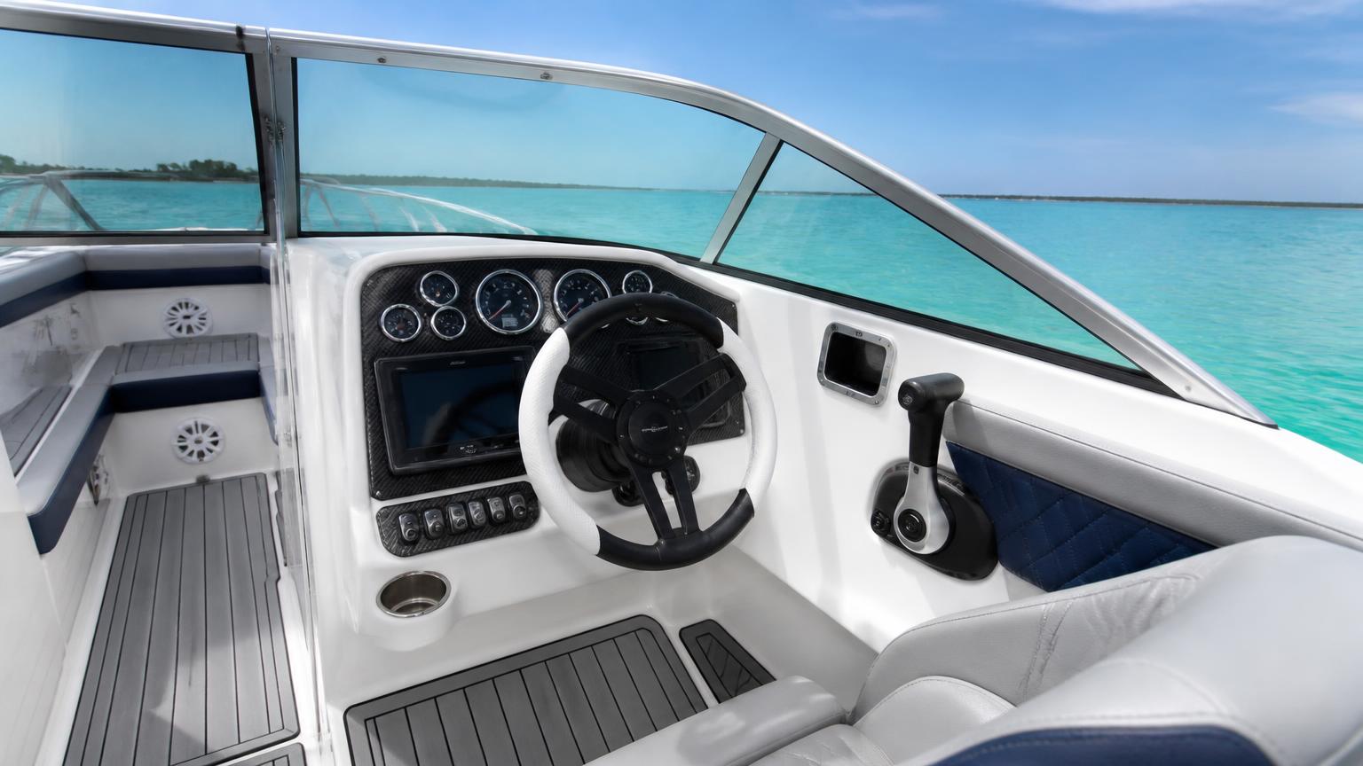 Scarab Jet Boats Bowrider Amazing Photo by www.BOWRIDER-BOATS.com — Scarab Jet Boats bowrider boat on clear blue water. Images Created by www.Bowrider-Boats.com