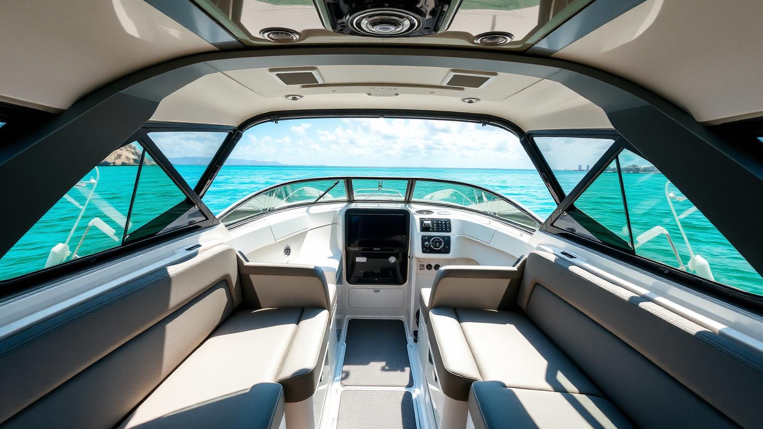Bowrider Boat Amazing Photo by www.BOWRIDER-BOATS.com — View forward from the helm dash and driver's console through the walk-through windshield into the bow lounge. Images Created by www.Bowrider-Boats.com