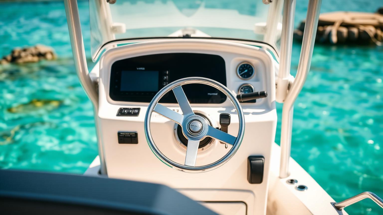 Bowrider Boat Amazing Photo by www.BOWRIDER-BOATS.com — Helm dash and driver's console console of a Bayliner VR5 style bowrider with digital display and stainless wheel. Images Created by www.Bowrider-Boats.com