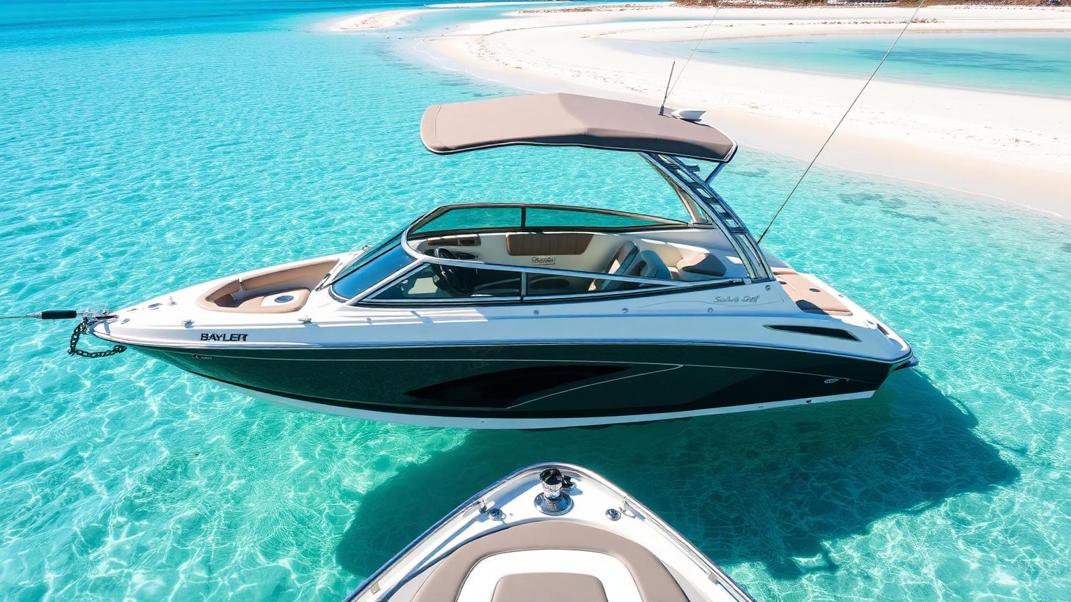 Bayliner VR5 style Bowrider Amazing Photo by www.BOWRIDER-BOATS.com — Bayliner VR5 style bowrider with bimini top up anchored in clear shallow turquoise water near a beach. Images Created by www.Bowrider-Boats.com