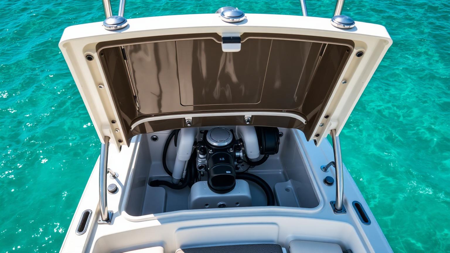 Open engine hatch of a sterndrive Bowrider Amazing Photo by www.BOWRIDER-BOATS.com — Open engine hatch of a sterndrive bowrider showing the inboard petrol engine bay. Images Created by www.Bowrider-Boats.com