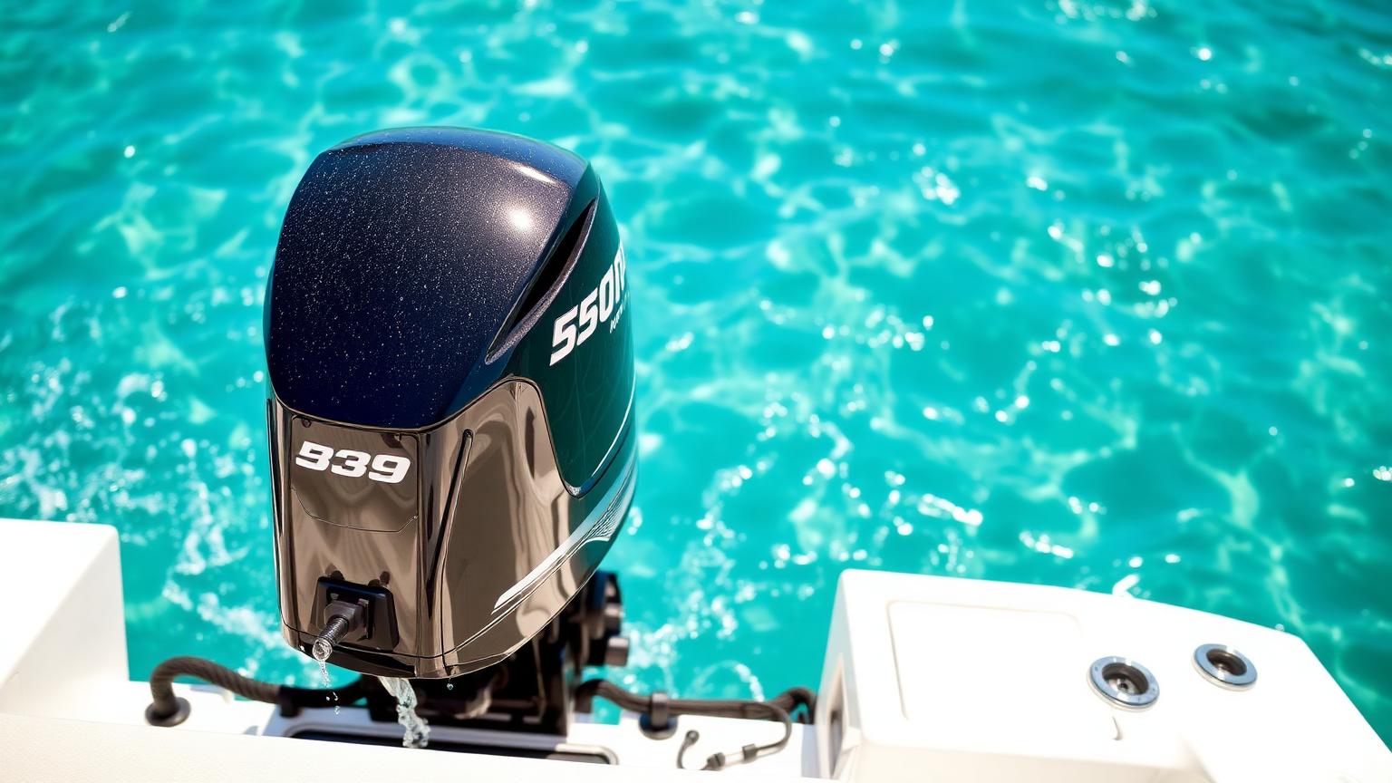 Bowrider Boat Amazing Photo by www.BOWRIDER-BOATS.com — Close-up of a single outboard motor mounted on the transom of a white bowrider. Images Created by www.Bowrider-Boats.com