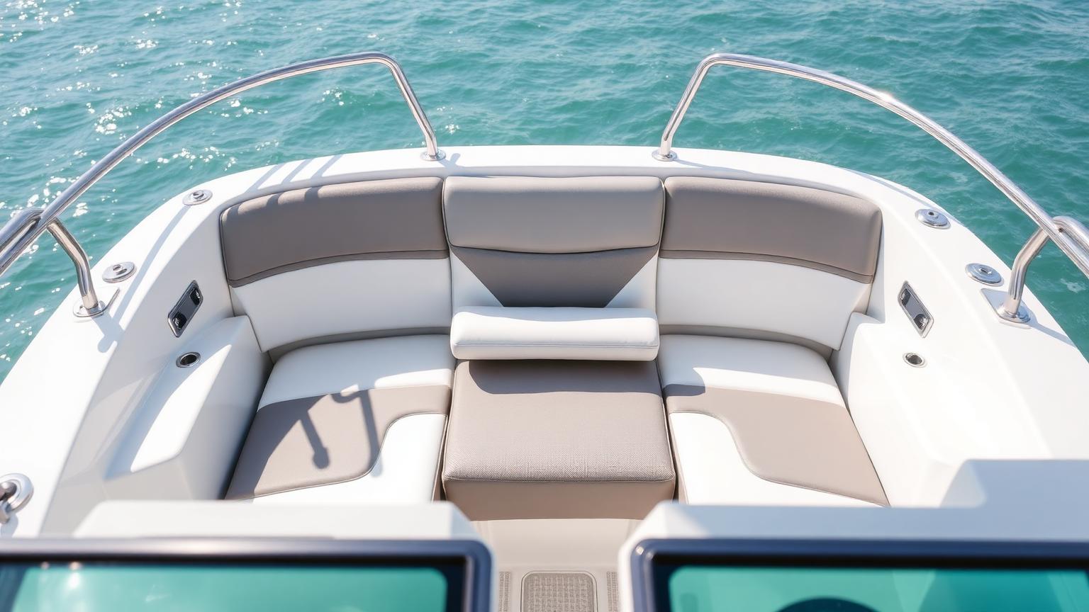 Bow lounge of a white Bowrider Amazing Photo by www.BOWRIDER-BOATS.com — Bow lounge of a white bowrider with grey upholstery and filler cushion in place. Images Created by www.Bowrider-Boats.com