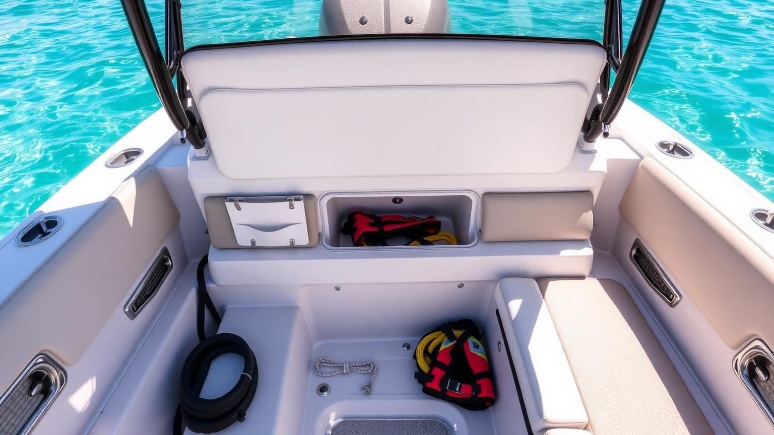 Rear lounge of a Bowrider Amazing Photo by www.BOWRIDER-BOATS.com — Rear lounge of a bowrider with the under-seat locker open showing ski ropes and life jackets. Images Created by www.Bowrider-Boats.com