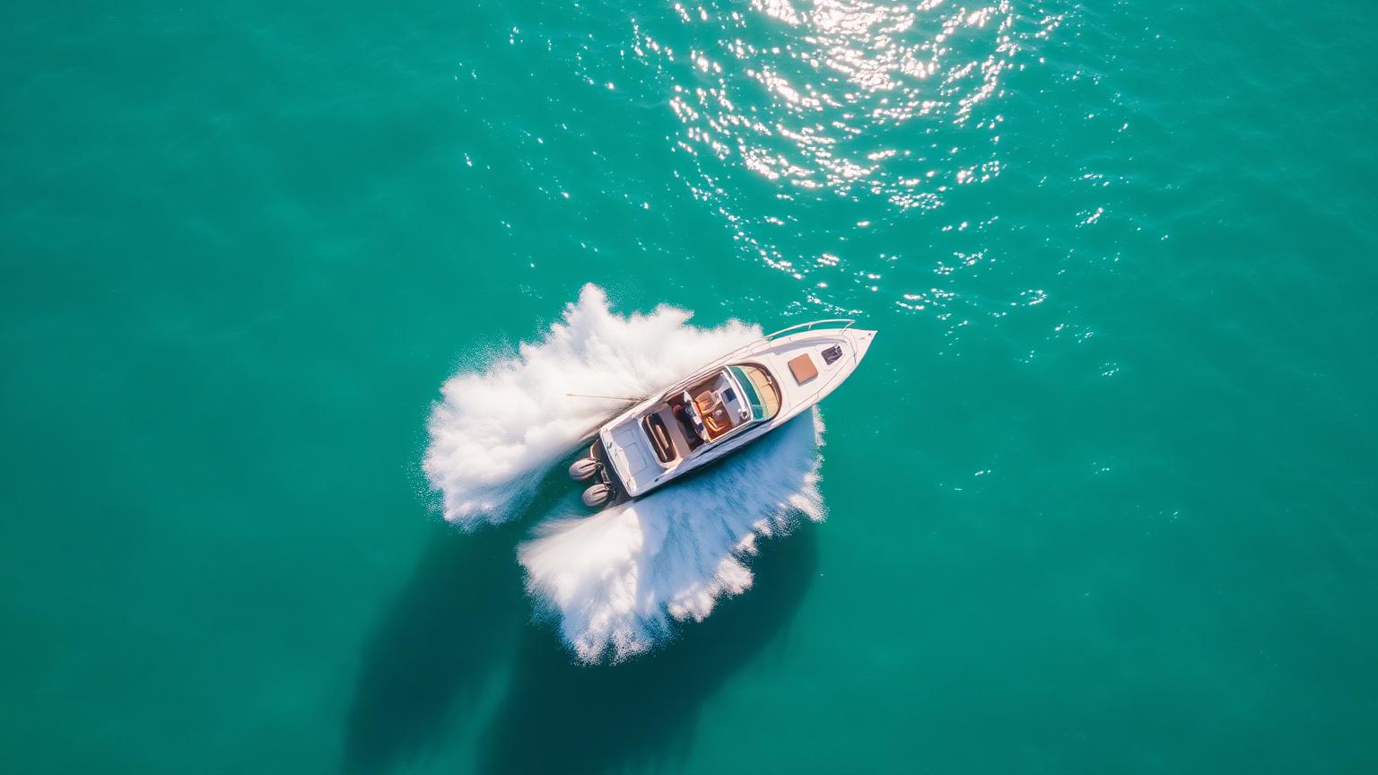Aerial overhead view of a white Bowrider Amazing Photo by www.BOWRIDER-BOATS.com — Aerial overhead view of a white bowrider carving a hard turn on turquoise water. Images Created by www.Bowrider-Boats.com