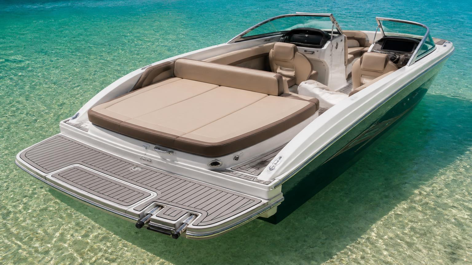 Rear quarter view of a Bowrider Amazing Photo by www.BOWRIDER-BOATS.com — Rear quarter view of a bowrider showing the full width sun pad, faux teak swim platform and boarding ladder. Images Created by www.Bowrider-Boats.com