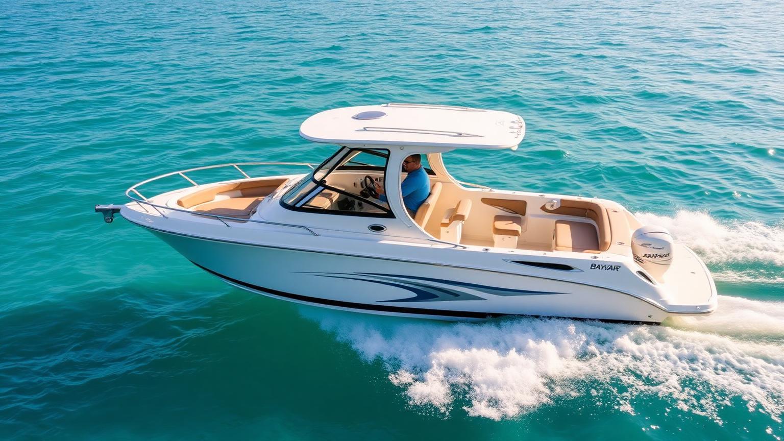 Bayliner VR6 style 22-foot Bowrider Amazing Photo by www.BOWRIDER-BOATS.com — Bayliner VR6 style 22-foot bowrider with outboard power cruising on turquoise ocean water. Images Created by www.Bowrider-Boats.com