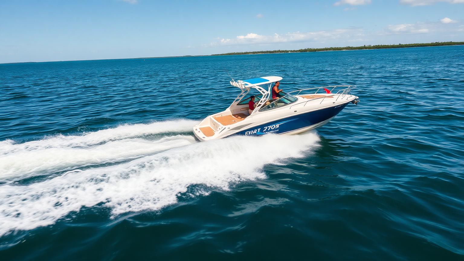White and blue 22-foot Bowrider Amazing Photo by www.BOWRIDER-BOATS.com — White and blue 22-foot bowrider towing a slalom water skier at speed. Images Created by www.Bowrider-Boats.com
