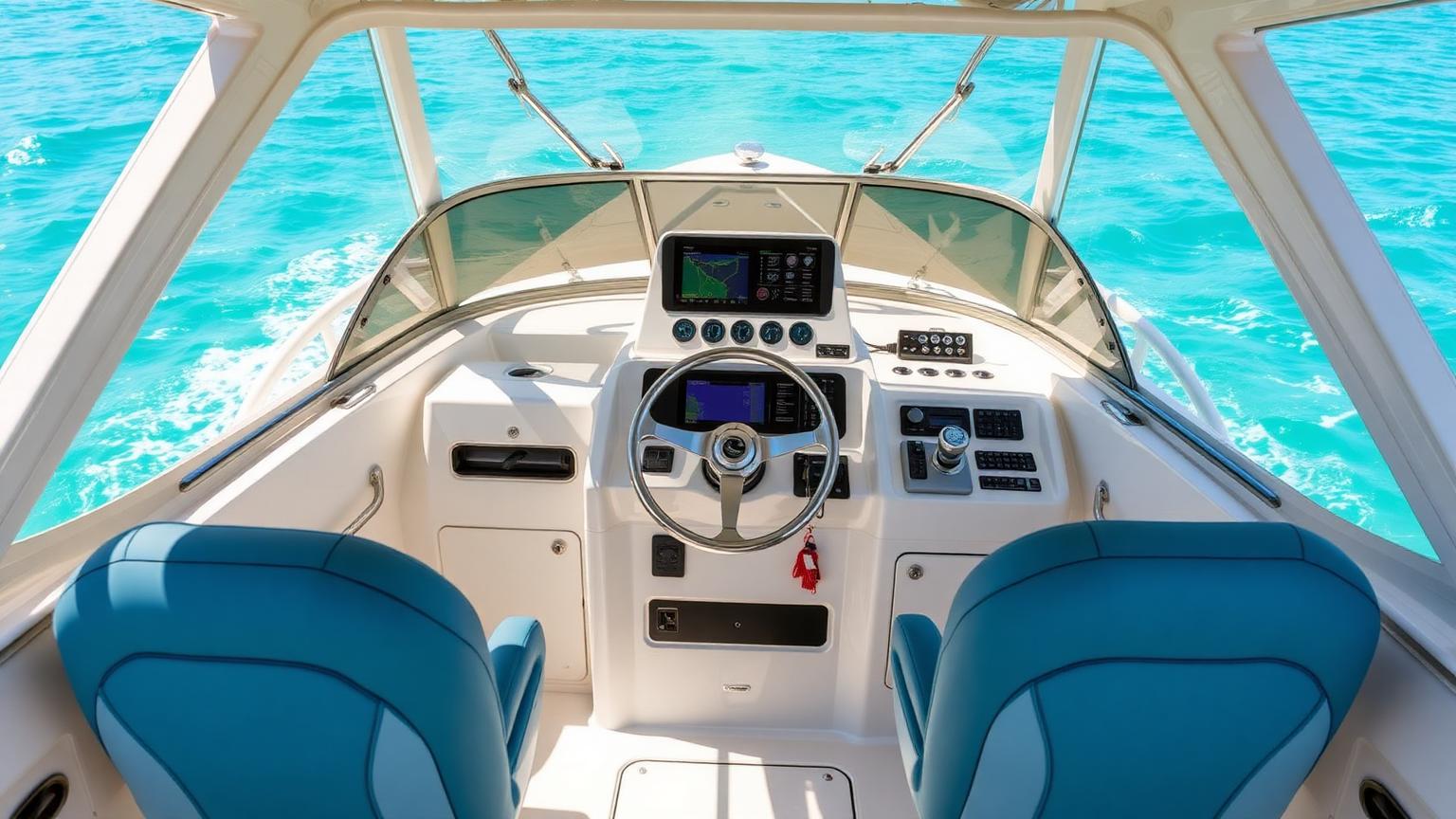 Bowrider Boat Amazing Photo by www.BOWRIDER-BOATS.com — Helm dash and driver's console and dash of a 22-foot bowrider with large multifunction display and blue upholstery. Images Created by www.Bowrider-Boats.com
