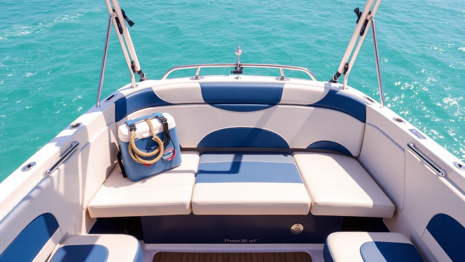 Rear lounge of a 22-foot Bowrider Amazing Photo by www.BOWRIDER-BOATS.com — Rear lounge of a 22-foot bowrider with blue and white upholstery, cooler and water ski rope. Images Created by www.Bowrider-Boats.com