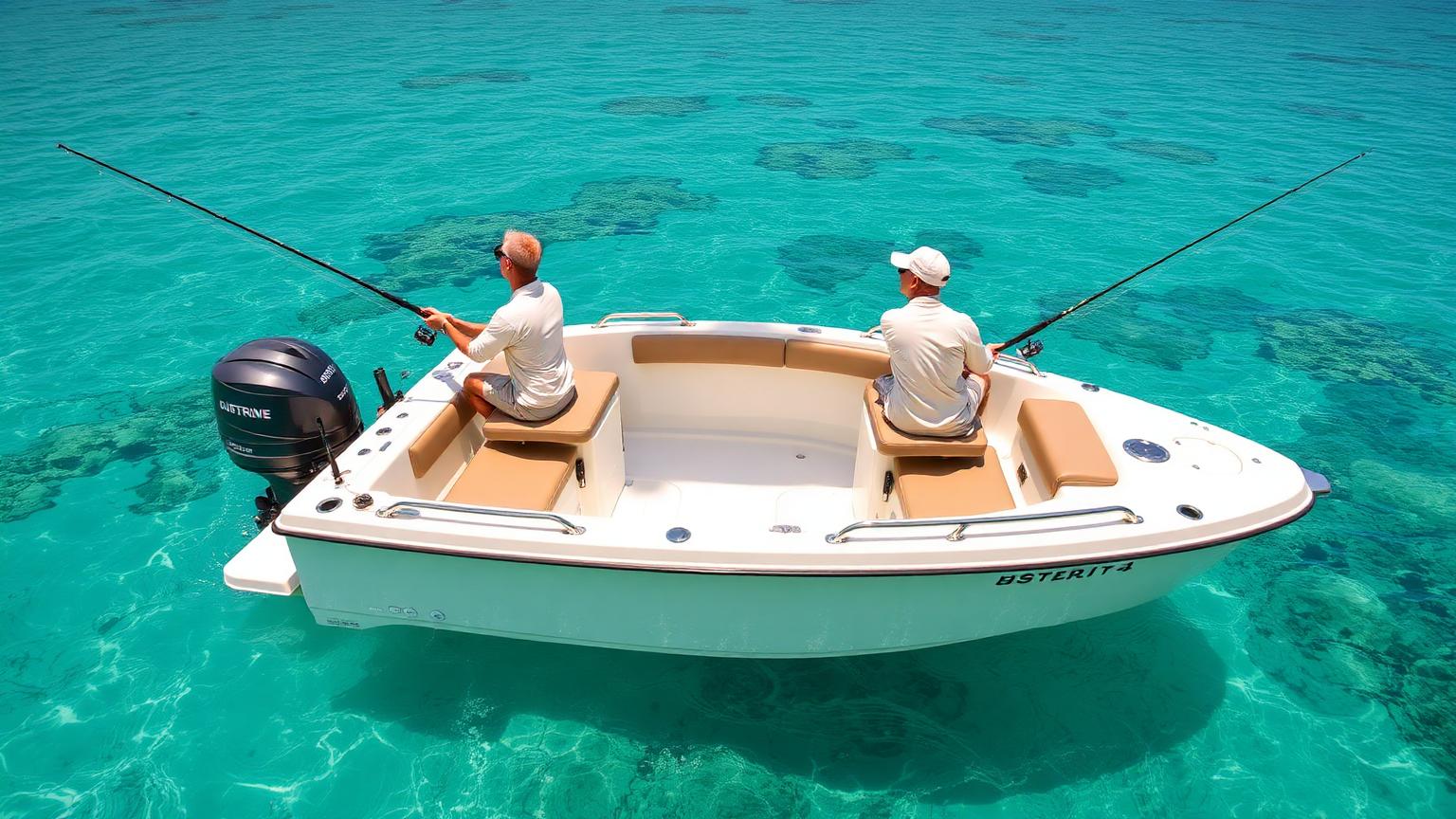 Two anglers casting from a 22-foot Bowrider Amazing Photo by www.BOWRIDER-BOATS.com — Two anglers casting from a 22-foot bowrider with the bow cushions removed over clear turquoise water. Images Created by www.Bowrider-Boats.com