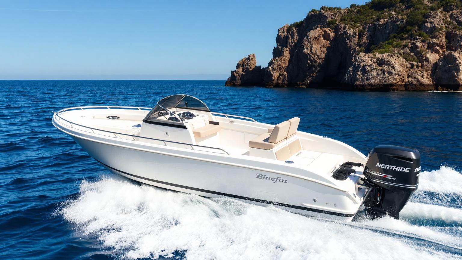 Bluefin style Australian Bowrider Amazing Photo by www.BOWRIDER-BOATS.com — Bluefin style Australian bowrider runabout cruising blue coastal water past a rocky headland. Images Created by www.Bowrider-Boats.com