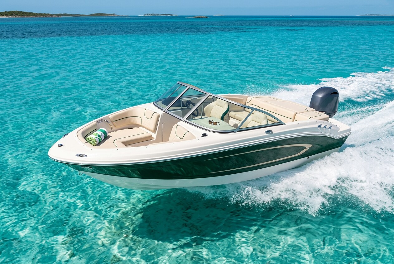 Chaparral 19 SSi Bowrider Amazing Photo by www.BOWRIDER-BOATS.com — Chaparral 19 SSi bowrider boat, racing-green bow-quarter view underway on crystal clear water, 19.3 ft fibreglass hull with outboard propulsion. Images Created by www.Bowrider-Boats.com