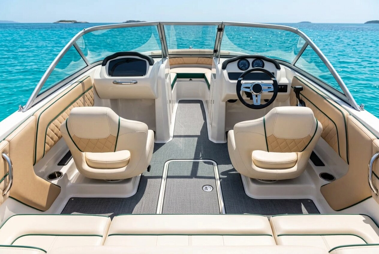 Bowrider Boat Amazing Photo by www.BOWRIDER-BOATS.com — Cockpit interior seating of a compact premium bowrider with twin bolster seats, broad aft bench, in-floor locker and turquoise water beyond. Images Created by www.Bowrider-Boats.com