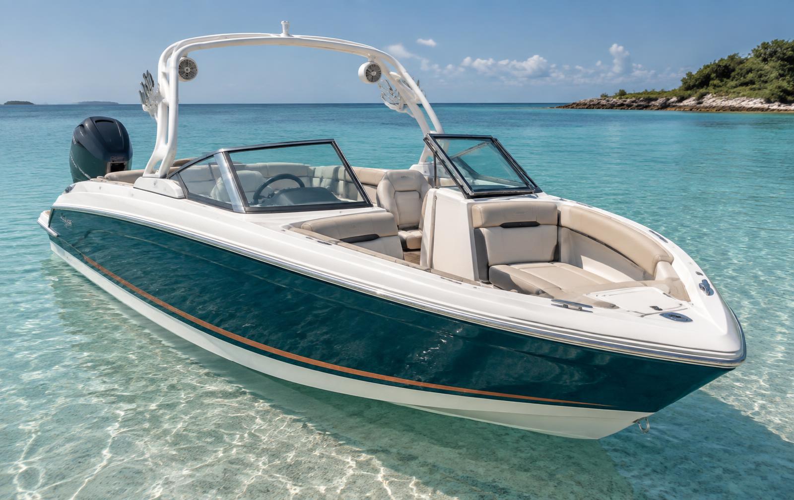 Bowrider Boat Amazing Photo by www.BOWRIDER-BOATS.com — Front bow and side view of a 21-foot teal and pearl-white bowrider showing the deep open bow seating and wake tower. Images Created by www.Bowrider-Boats.com