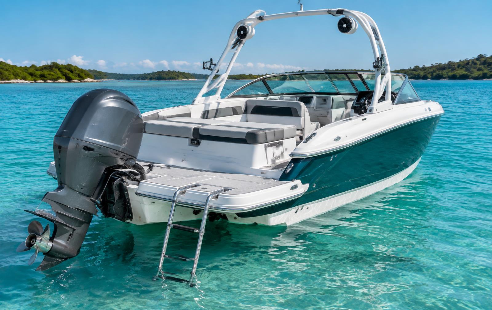 Rear stern and side view of a 21-foot Bowrider Amazing Photo by www.BOWRIDER-BOATS.com — Rear stern and side view of a 21-foot bowrider showing extended swim platform, stainless boarding ladder and outboard engine. Images Created by www.Bowrider-Boats.com