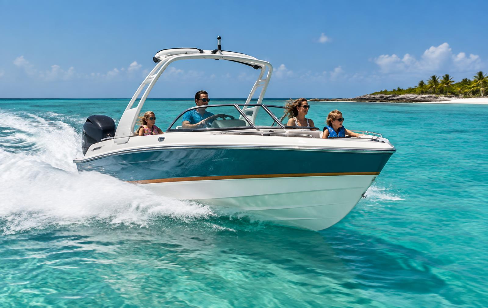 Pearl-white and teal 21-foot Bowrider Amazing Photo by www.BOWRIDER-BOATS.com — Pearl-white and teal 21-foot bowrider running at speed with a family aboard across crystal clear turquoise water. Images Created by www.Bowrider-Boats.com