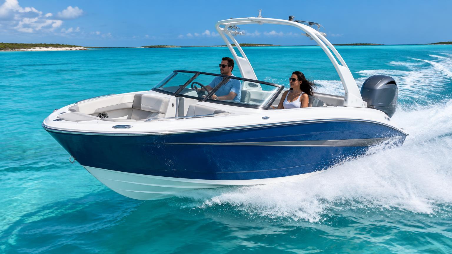 Chaparral 23 SSX Bowrider Amazing Photo by www.BOWRIDER-BOATS.com — Chaparral 23 SSX bowrider boat, sapphire-blue front bow and side view running on crystal clear turquoise water, 23.5 ft fibreglass hull with outboard propulsion. Images Created by www.Bowrider-Boats.com