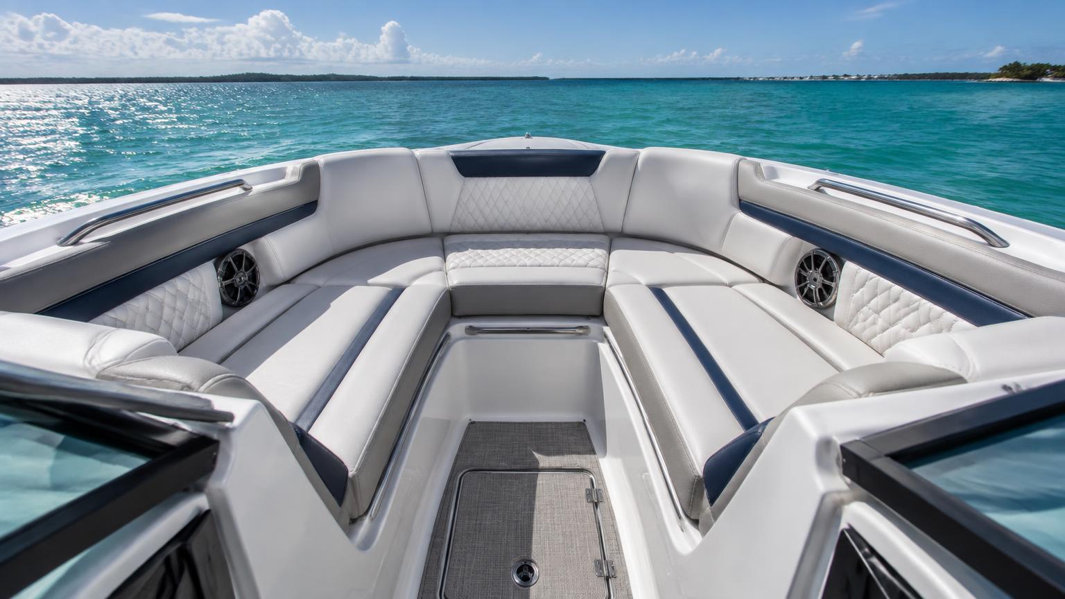 Bowrider Boat Amazing Photo by www.BOWRIDER-BOATS.com — Quilted white and navy wraparound bow lounge seating of a 23-foot bowrider with turquoise water beyond the bow. Images Created by www.Bowrider-Boats.com