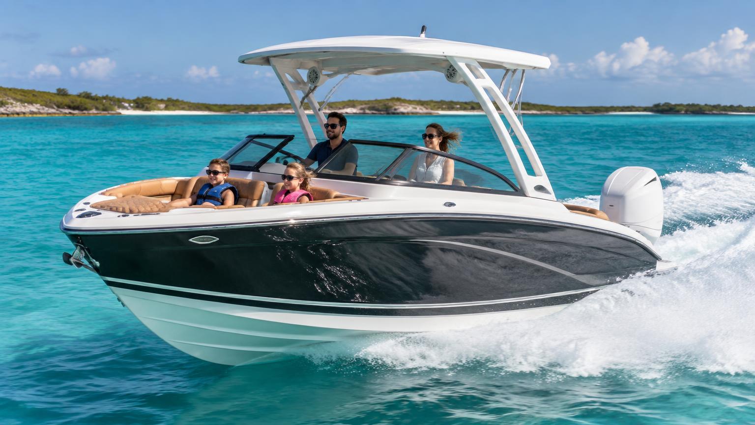 Chaparral 25 SURF Bowrider Amazing Photo by www.BOWRIDER-BOATS.com — Chaparral 25 SURF bowrider boat, charcoal-black front bow and side view running on crystal clear turquoise water, 25.5 ft fibreglass hull with outboard propulsion. Images Created by www.Bowrider-Boats.com