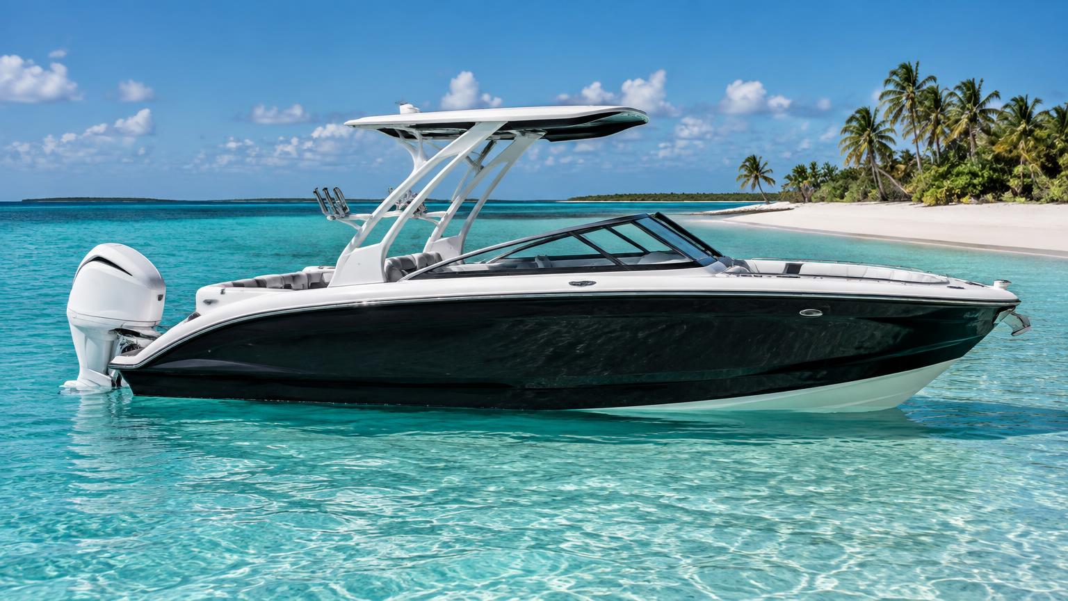 Bowrider Boat Amazing Photo by www.BOWRIDER-BOATS.com — Side profile of a 25-foot black-hulled surf bowrider with white hardtop tower and large outboard resting on crystal-clear turquoise water beside a white sand beach. Images Created by www.Bowrider-Boats.com
