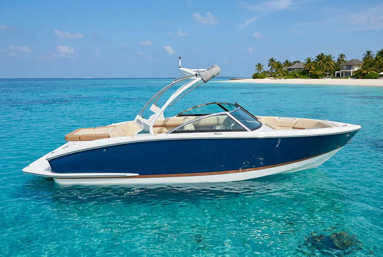 Cobalt CS23 Bowrider Amazing Photo by www.BOWRIDER-BOATS.com — Cobalt CS23 bowrider boat, sapphire blue side profile at rest on crystal clear water, 23.5 ft fibreglass hull with stern drive propulsion. Images Created by www.Bowrider-Boats.com