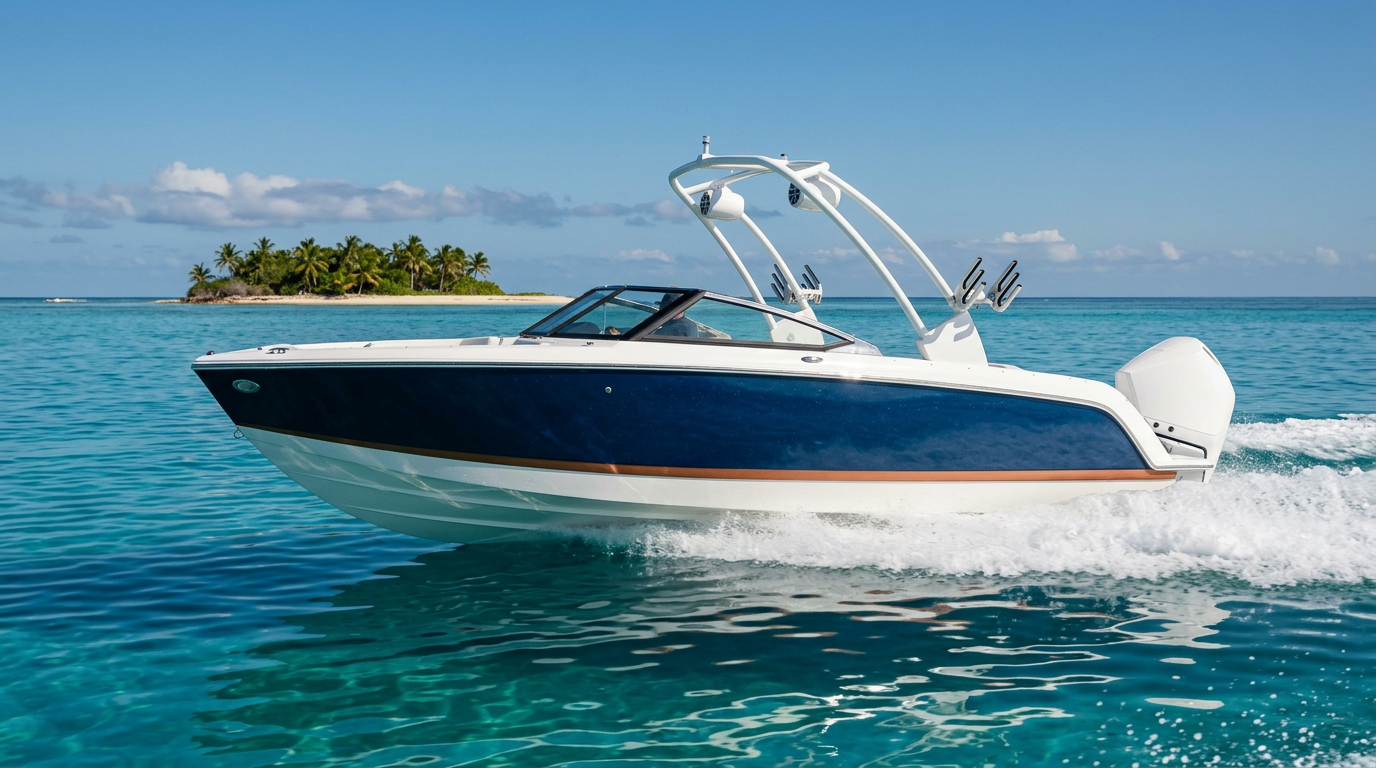 Sapphire blue Cobalt CS23 style Bowrider Amazing Photo by www.BOWRIDER-BOATS.com — Sapphire blue Cobalt CS23 style bowrider running at speed with wake tower raised across crystal clear tropical water. Images Created by www.Bowrider-Boats.com