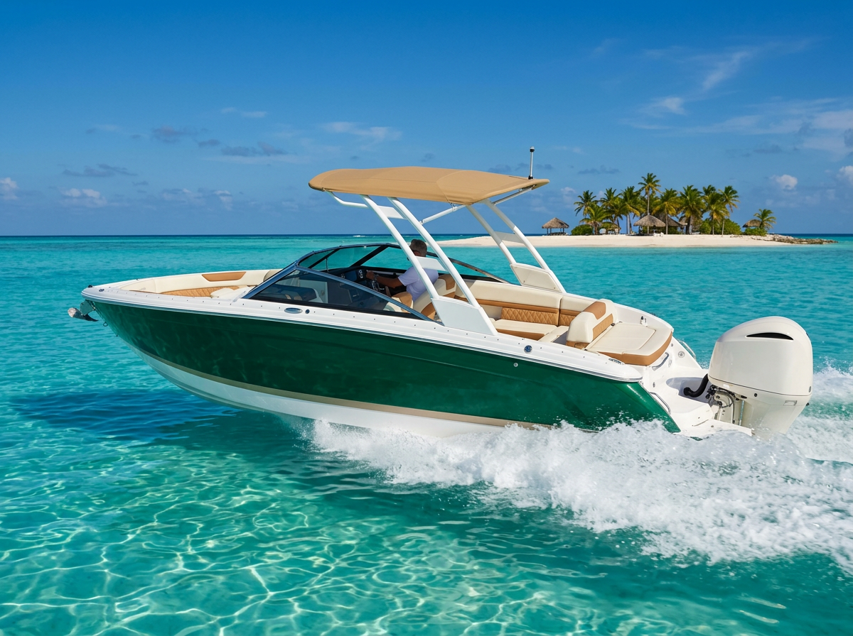 Cobalt R6 Bowrider Amazing Photo by www.BOWRIDER-BOATS.com — Cobalt R6 bowrider boat, emerald outboard profile running over crystal clear water, 24.3 ft fibreglass hull with outboard propulsion. Images Created by www.Bowrider-Boats.com