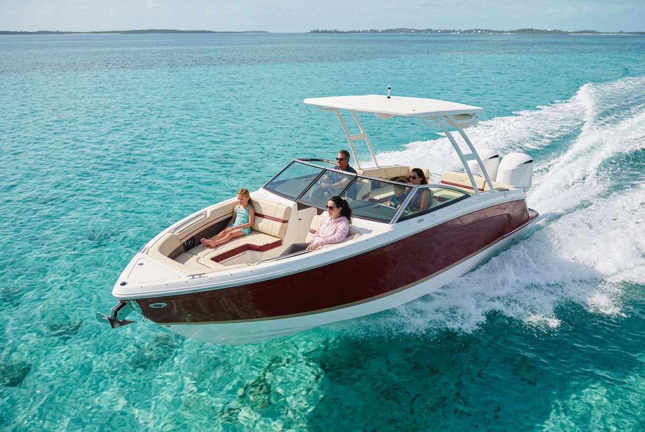 Cobalt R8 Bowrider Amazing Photo by www.BOWRIDER-BOATS.com — Cobalt R8 bowrider boat, aerial bow-quarter view underway on crystal clear water, 27.8 ft fibreglass hull with outboard propulsion. Images Created by www.Bowrider-Boats.com