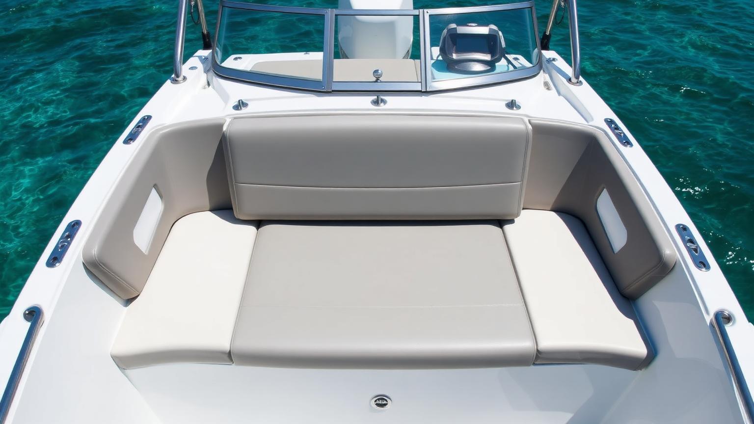 Bow lounge of a 23-foot Bowrider Amazing Photo by www.BOWRIDER-BOATS.com — Bow lounge of a 23-foot bowrider with the filler cushion in place forming a full sun pad. Images Created by www.Bowrider-Boats.com