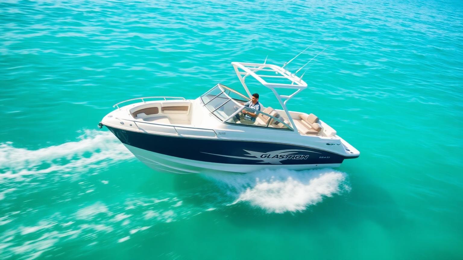 Glastron style 20-foot Bowrider Amazing Photo by www.BOWRIDER-BOATS.com — Glastron style 20-foot bowrider with bold blue hull graphics running at speed on turquoise water. Images Created by www.Bowrider-Boats.com