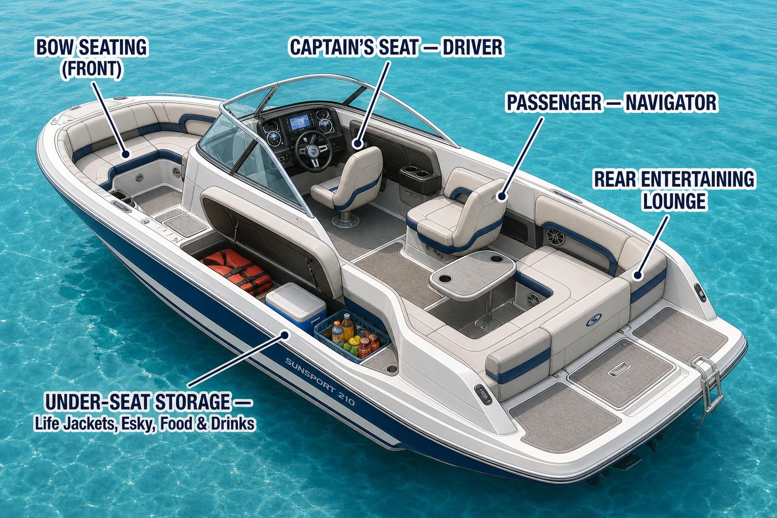 Bowrider Boat Amazing Photo by www.BOWRIDER-BOATS.com — Bowrider Boats Explained — side and stern viewaerial labelled diagram of a bowrider showing captain, passenger, rear lounge and under-seat storage. Images Created by www.Bowrider-Boats.com