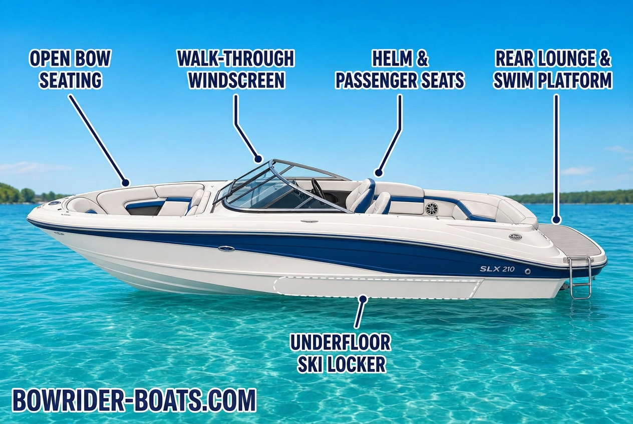 Bowrider Boat Amazing Photo by www.BOWRIDER-BOATS.com — Bowrider Boat Seat Layout Explained — side profile labelled diagram of a bowrider boat showing bow seating, helm dash and driver's console, rear lounge and underfloor ski locker. Images Created by www.Bowrider-Boats.com
