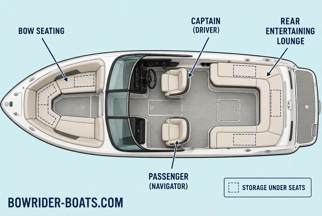 Bowrider Boat Amazing Photo by www.BOWRIDER-BOATS.com — Why Bowriders are the BEST BOAT — flat overhead deck plan diagram of a bowrider boat with labelled seating zones and under-seat storage. Images Created by www.Bowrider-Boats.com