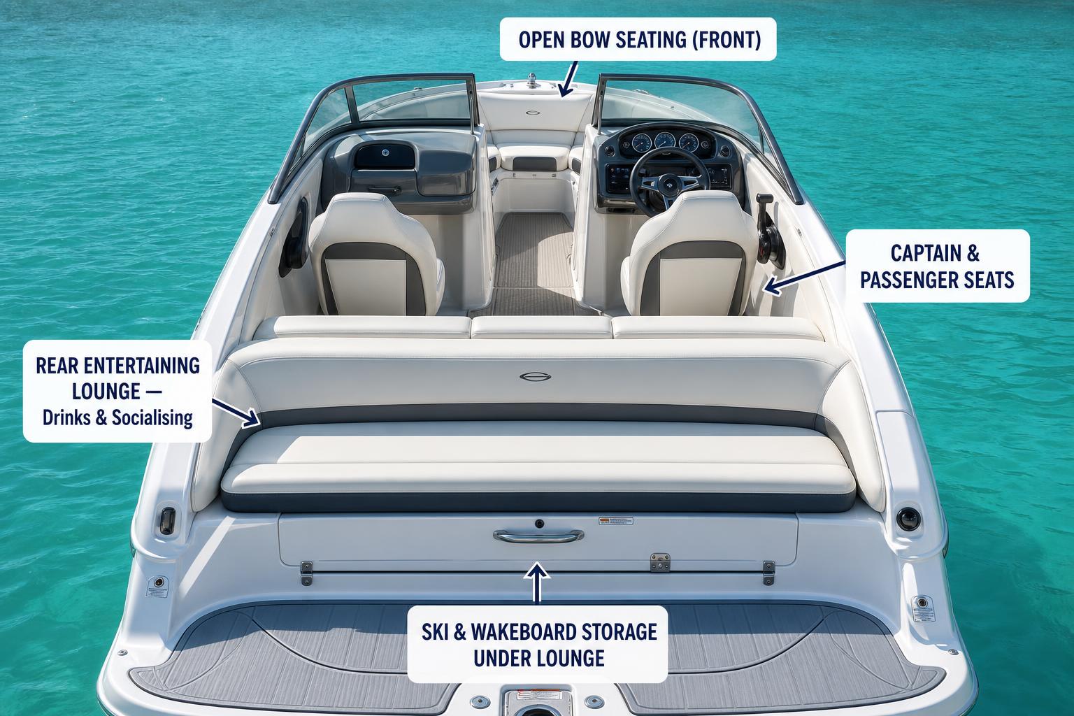 Bowrider Boat Amazing Photo by www.BOWRIDER-BOATS.com — BOWRIDER BOATS >> Seating Layout Explained — rear view into a bowrider cockpit interior seating with labels for the rear lounge, ski storage, helm dash and driver's console seats and bow seating. Images Created by www.Bowrider-Boats.com