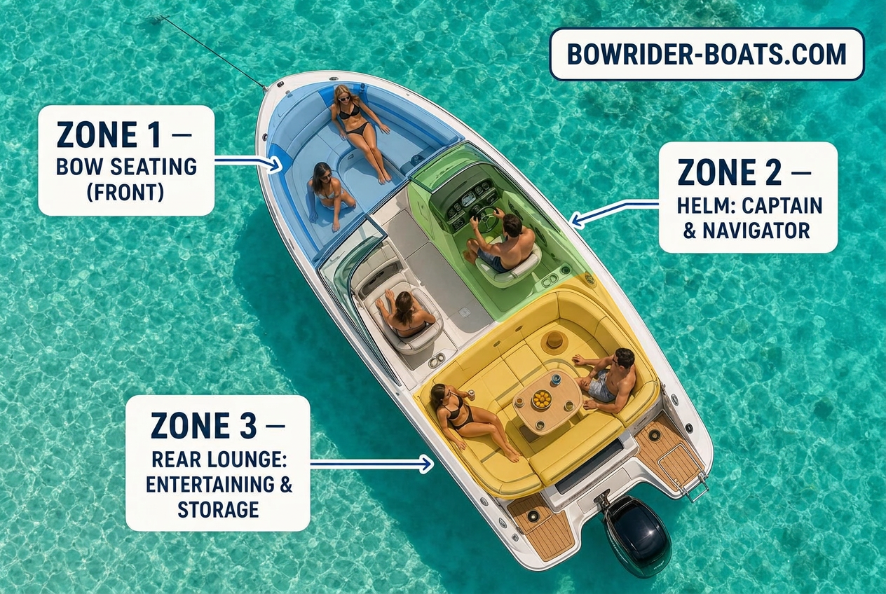 What makes a Boat a Bowrider Amazing Photo by www.BOWRIDER-BOATS.com — What makes a Boat a Bowrider — aerial drone diagram of a bowrider with people aboard and three colour-coded labelled seating zones. Images Created by www.Bowrider-Boats.com