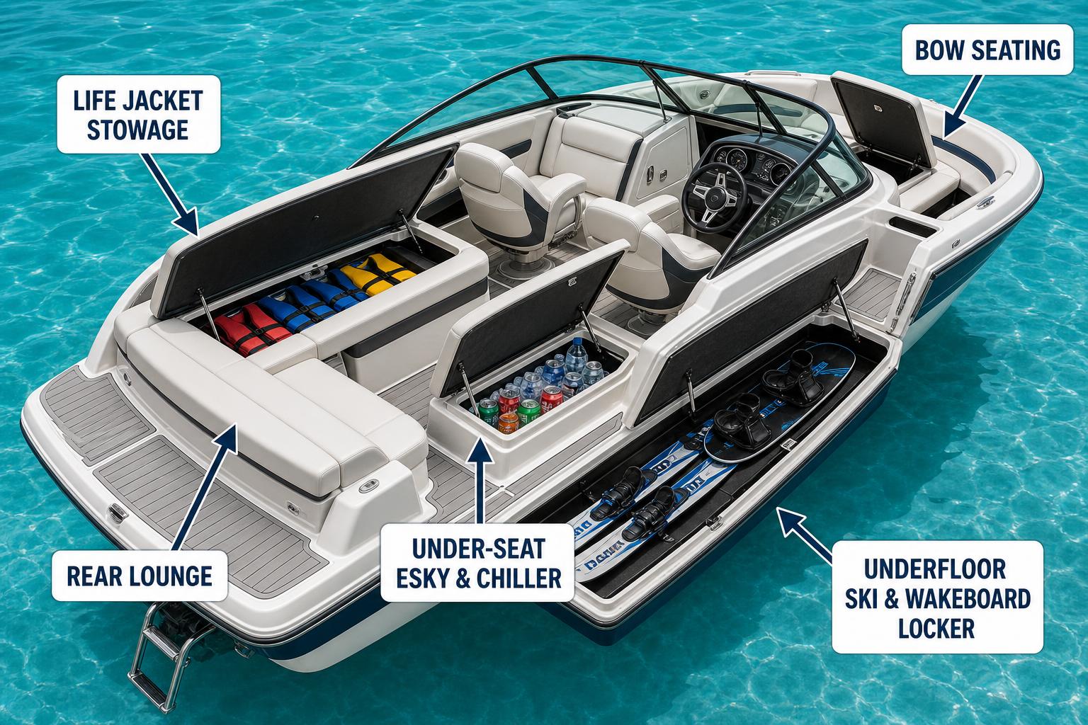 What is a Bowrider Amazing Photo by www.BOWRIDER-BOATS.com — What is a Bowrider Boat — bowrider boat with seat hatches open showing labelled life jacket, esky and ski locker storage. Images Created by www.Bowrider-Boats.com