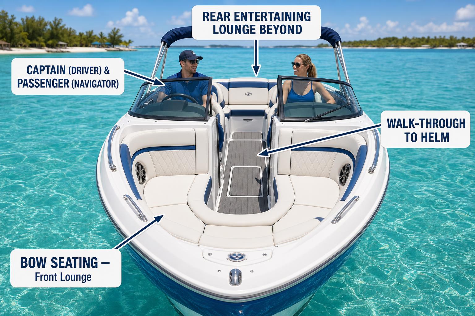 Bowrider Boat Amazing Photo by www.BOWRIDER-BOATS.com — Bowrider Boats Explained — front front bow seating view of a bowrider boat with labels for bow seating, walk-through, helm dash and driver's console and rear lounge. Images Created by www.Bowrider-Boats.com