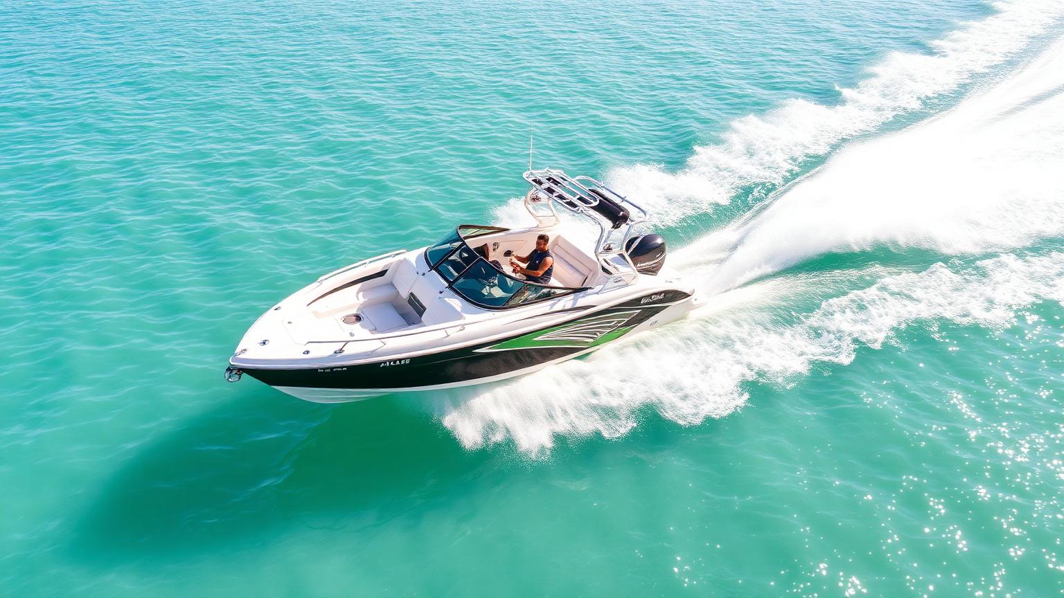 Bowrider Boat Amazing Photo by www.BOWRIDER-BOATS.com — 23-foot open bow ski boat towing a slalom skier across glassy turquoise water. Images Created by www.Bowrider-Boats.com
